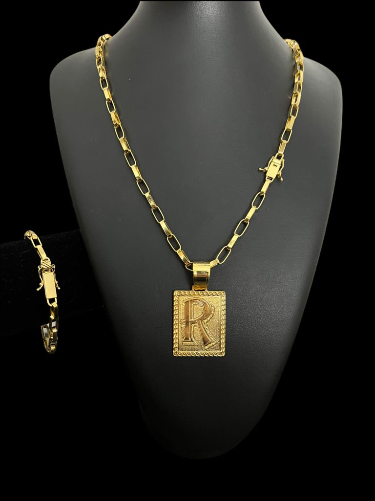 KIT CORRENTE + PULSEIRA + PINGENTE LETRA BANHADO OURO 18K