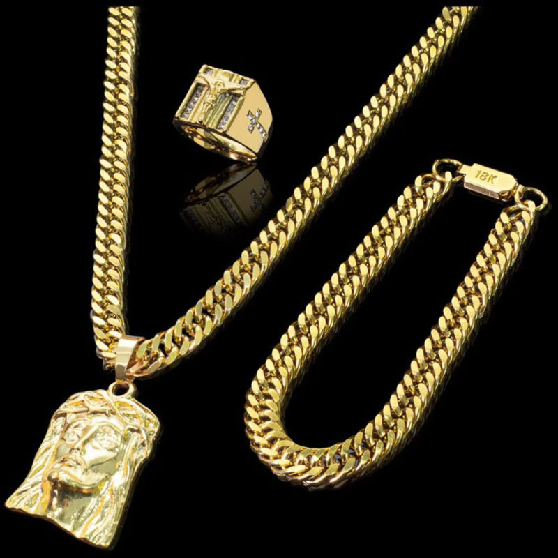 Kit banhado Ouro 18k Corrente + Pulseira + Pingente + Anel