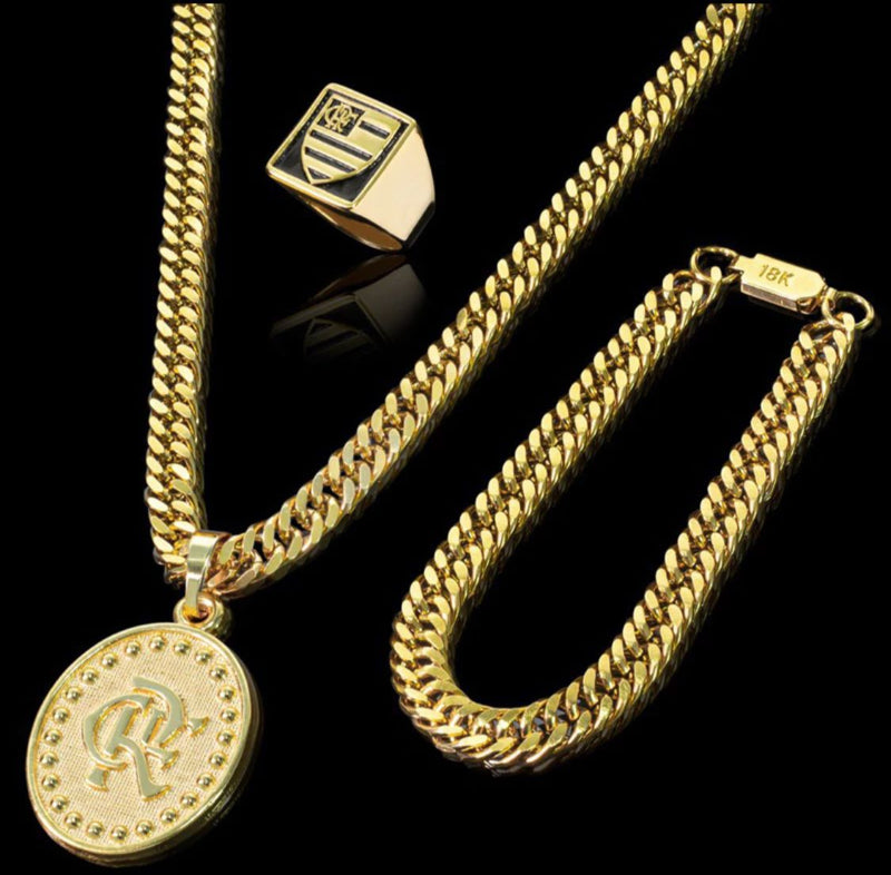 Kit banhado Ouro 18k Corrente + Pulseira + Pingente + Anel
