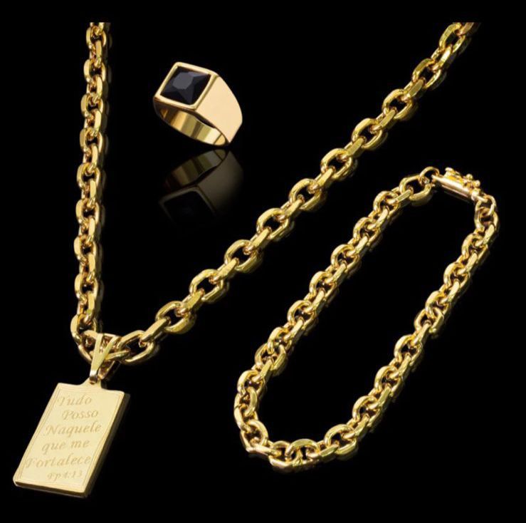 Kit banhado Ouro 18k Corrente + Pulseira + Pingente + Anel