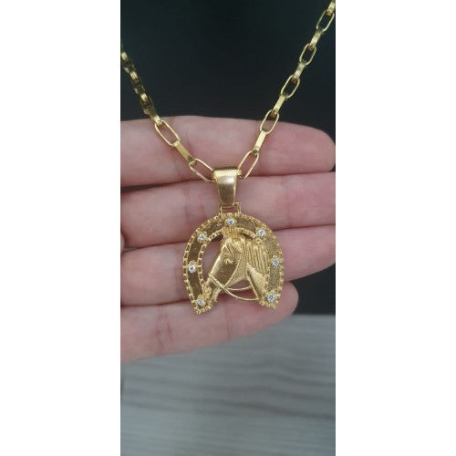 Pingente de Moeda Antiga  Cavalo na Ferradura com Pedra Zirconia