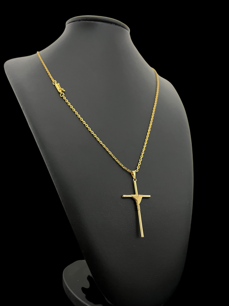 CORDÃO CADEADO 1MM + PINGENTE CRUZ FIO- BANHADO A OURO 18K