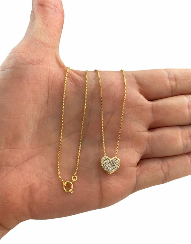 CORDÃO FEMININO PINGENTE CORAÇÃO P CRAVEJADO 1MM - BANHADO A OURO 18K