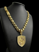 Cordão 12mm Friso S + Pingente Porsche - Banhado a Ouro 18k