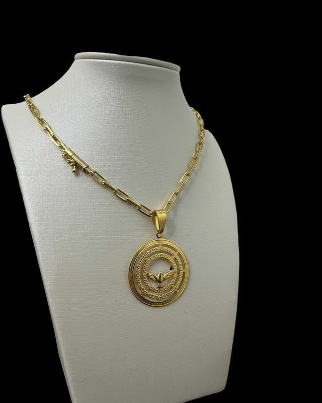 Cordão 5mm Cadeado Alongado Feminino + Pingente Paz - Banhado a Ouro 18K