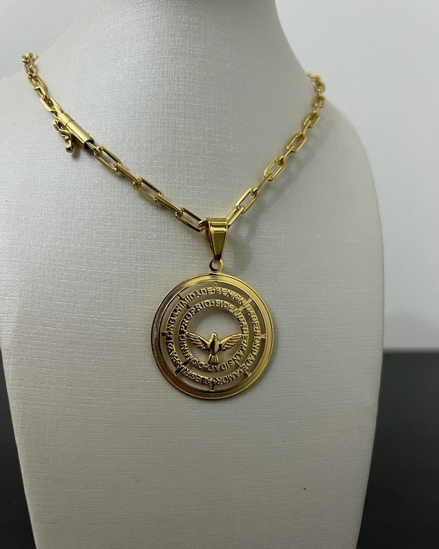 Cordão 5mm Cadeado Alongado Feminino + Pingente Paz - Banhado a Ouro 18K