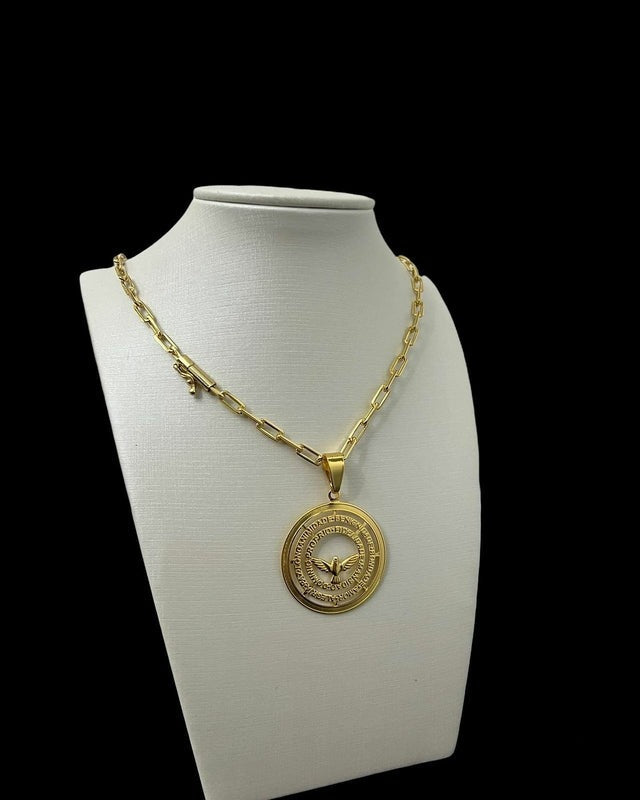 Cordão 5mm Cadeado Alongado Feminino + Pingente Paz - Banhado a Ouro 18K