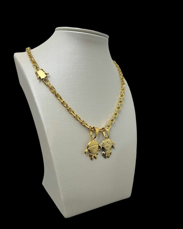 Cordão 5mm Cadeado Feminino + Pingente Filhos (Menino, Menina) - Banhado a Ouro 18K