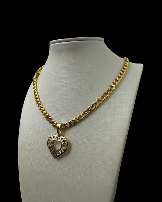 Cordão 6mm Pitbull Feminino + Pingente Coração Vazado - Banhado a Ouro 18K