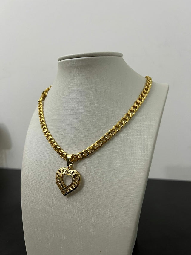 Cordão 6mm Pitbull Feminino + Pingente Coração Vazado - Banhado a Ouro 18K