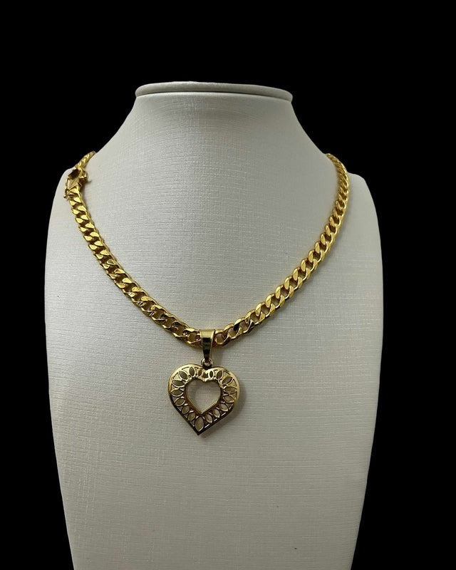 Cordão 6mm Pitbull Feminino + Pingente Coração Vazado - Banhado a Ouro 18K
