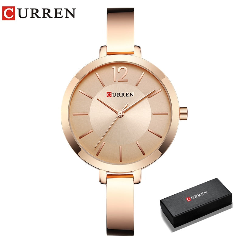 Relógio Feminino CURREN Moda Ouro de Aço Inoxidável Ultra fino  Montre Femme