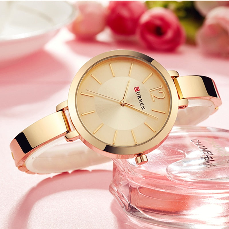 Relógio Feminino CURREN Moda Ouro de Aço Inoxidável Ultra fino  Montre Femme