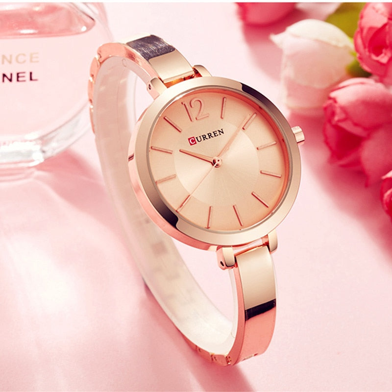 Relógio Feminino CURREN Moda Ouro de Aço Inoxidável Ultra fino  Montre Femme