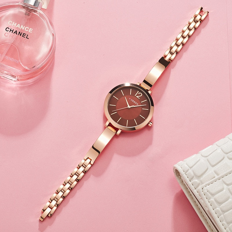 Relógio Feminino CURREN Moda Ouro de Aço Inoxidável Ultra fino  Montre Femme