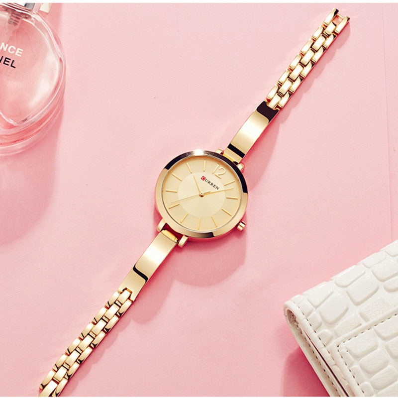 Relógio Feminino CURREN Moda Ouro de Aço Inoxidável Ultra fino  Montre Femme