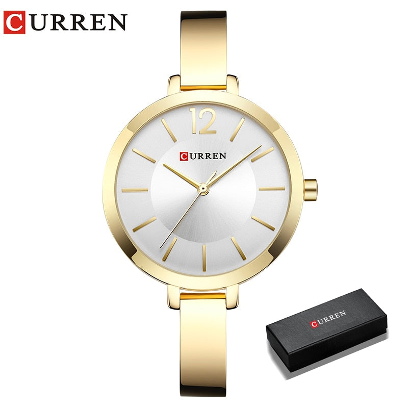 Relógio Feminino CURREN Moda Ouro de Aço Inoxidável Ultra fino  Montre Femme