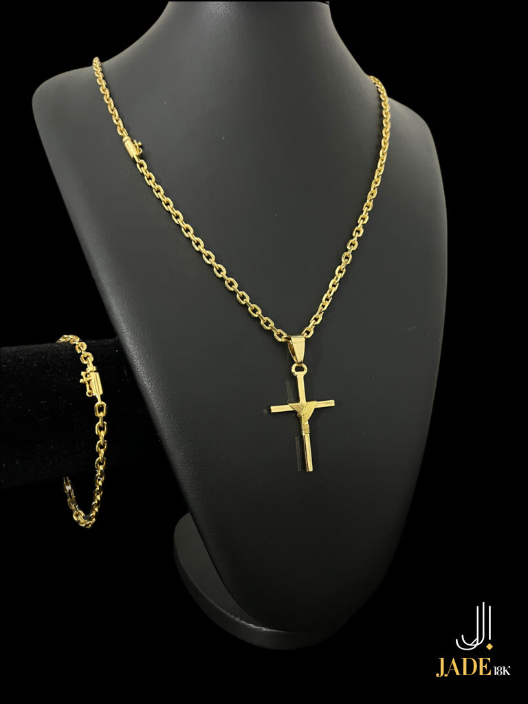 KIT CADEADO 4MM CORDAO PULSEIRA E PINGENTE CRUZ FIO - BANHADO A OURO 18K