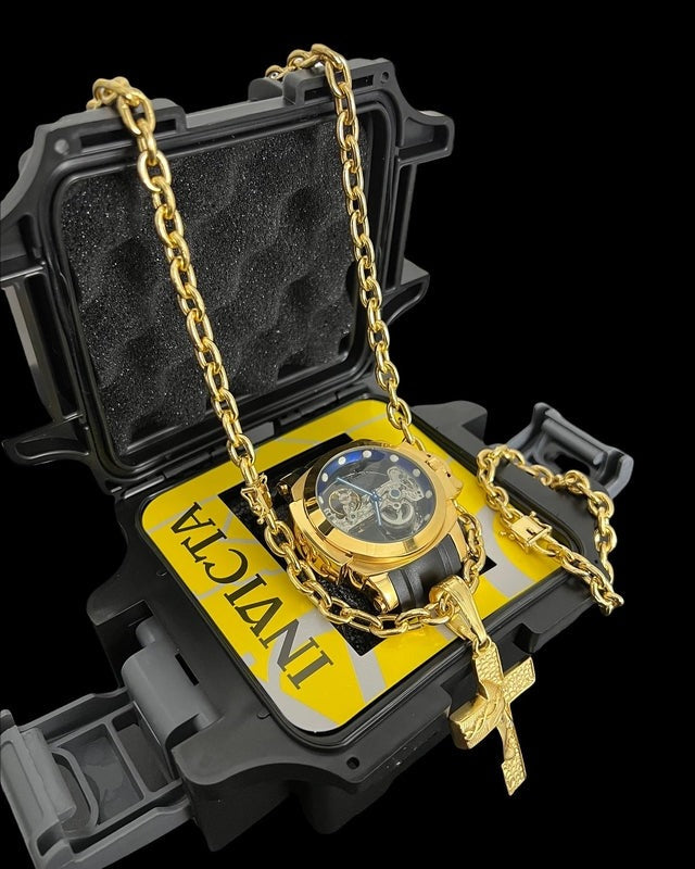 RELÓGIO INVICTA + KIT CADEADO 10MM BANHADO OURO