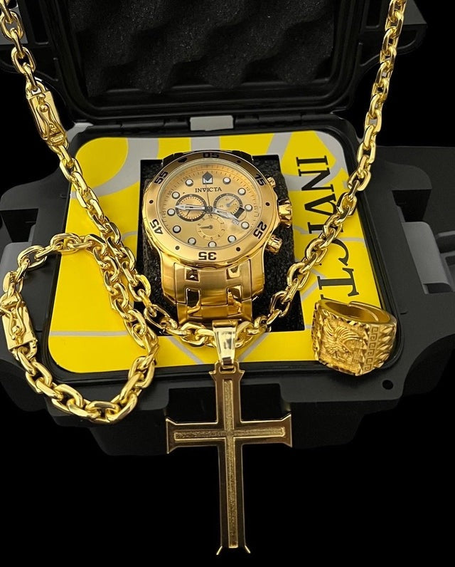 RELÓGIO INVICTA + KIT CADEADO 8MM BANHADO OURO