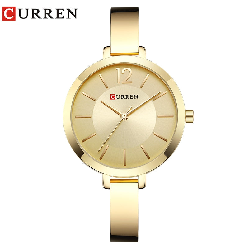 Relógio Feminino CURREN Moda Ouro de Aço Inoxidável Ultra fino  Montre Femme