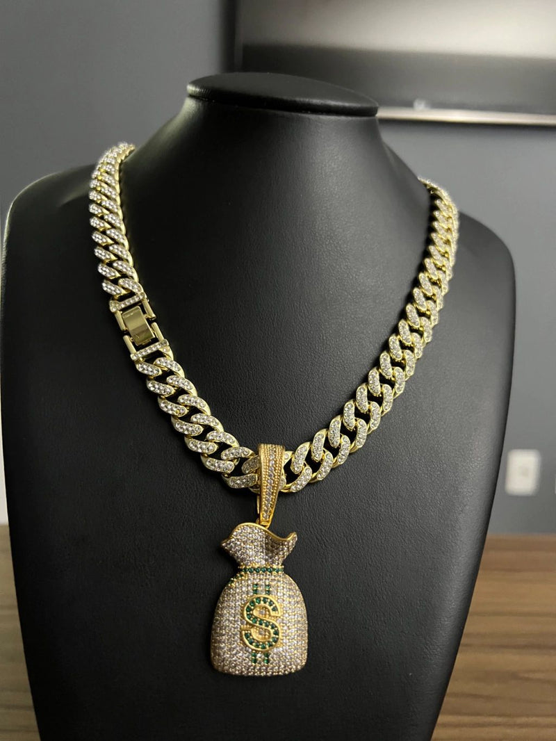CORDÃO + PINGENTE CRAVEJADOS 13MM - BANHADO OURO 18k