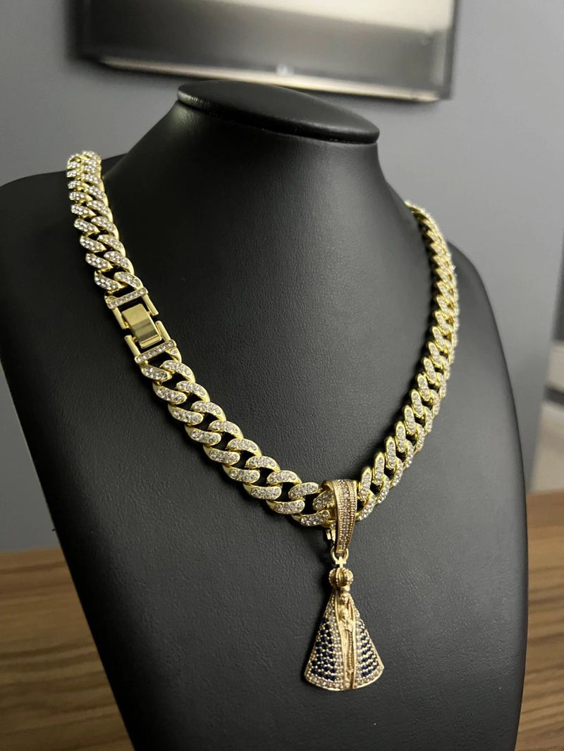 CORDÃO + PINGENTE CRAVEJADOS 13MM - BANHADO OURO 18k