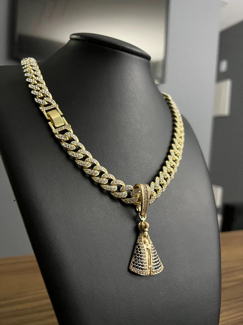 CORDÃO + PINGENTE CRAVEJADOS 13MM - BANHADO OURO 18k