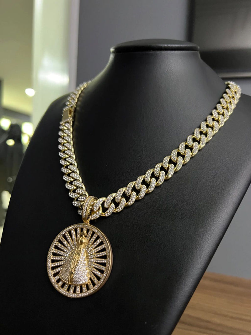 CORDÃO + PINGENTE CRAVEJADOS 13MM - BANHADO OURO 18k