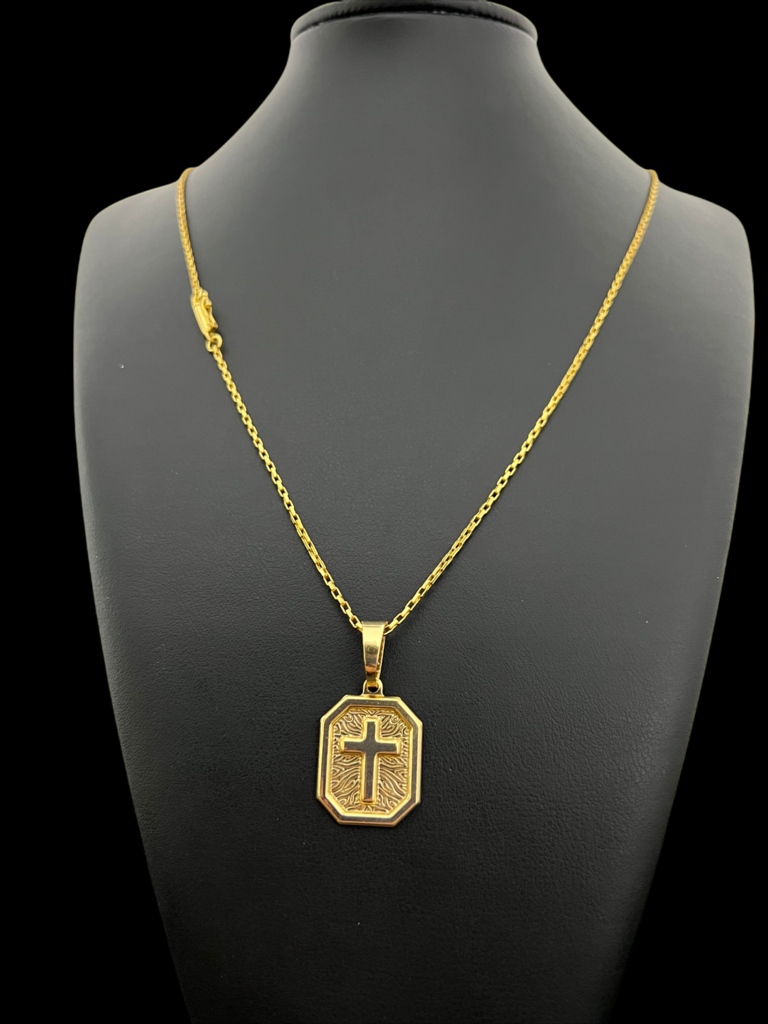 CORDÃO TIJOLINHO 1MM PINGENTE PLACA CRUZ - BANHADO A OURO 18K