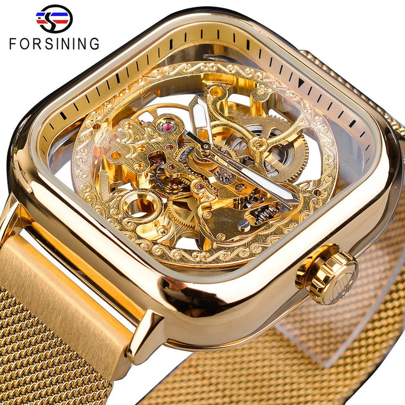 Relógios Mecânico Auto-Vento Dourado Transparente Moda Mesh