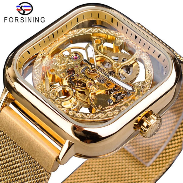 Relógios Mecânico Auto-Vento Dourado Transparente Moda Mesh