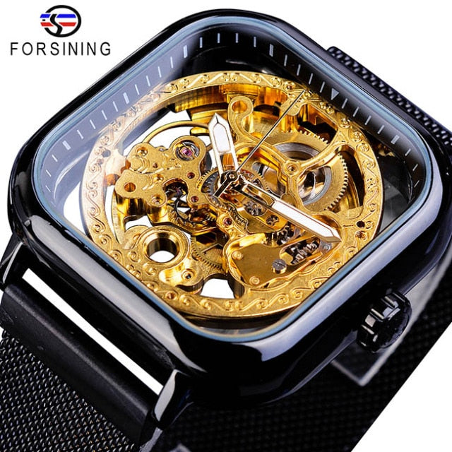 Relógios Mecânico Auto-Vento Dourado Transparente Moda Mesh