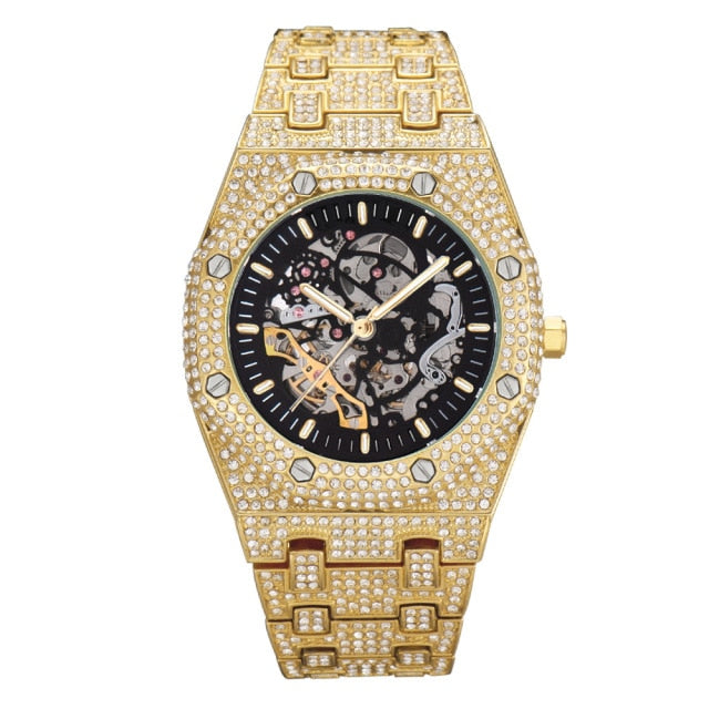 Relógio Mechanical Luxury Estilo Ice Chain Cravejado De Zircônia Cubica