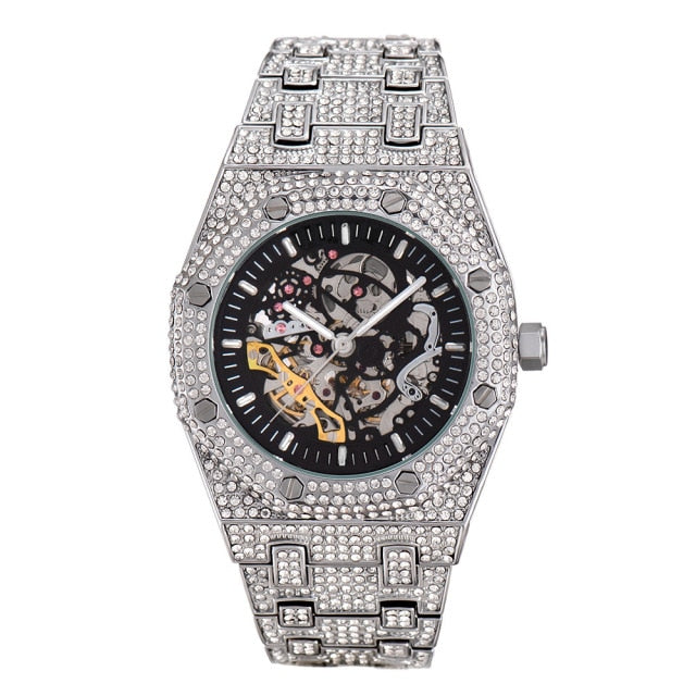 Relógio Mechanical Luxury Estilo Ice Chain Cravejado De Zircônia Cubica