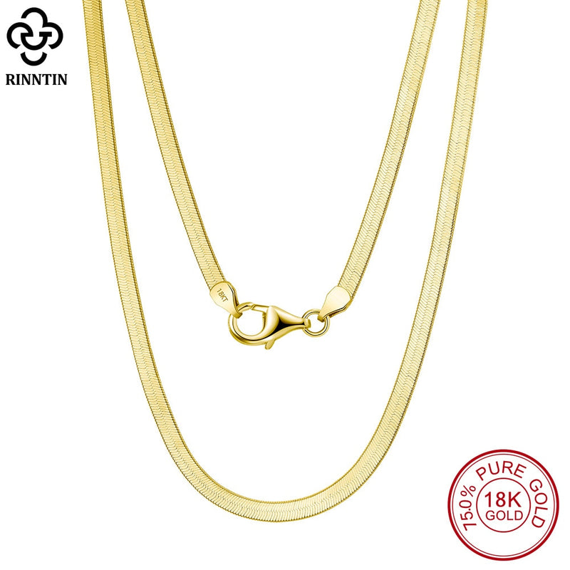 Rinntin Real 18K Solid Gold 2.8mm Flat Herringbone Snake Chain Necklace for Women Luxury AU750 Pure Gold Necklace Jewelry EC09