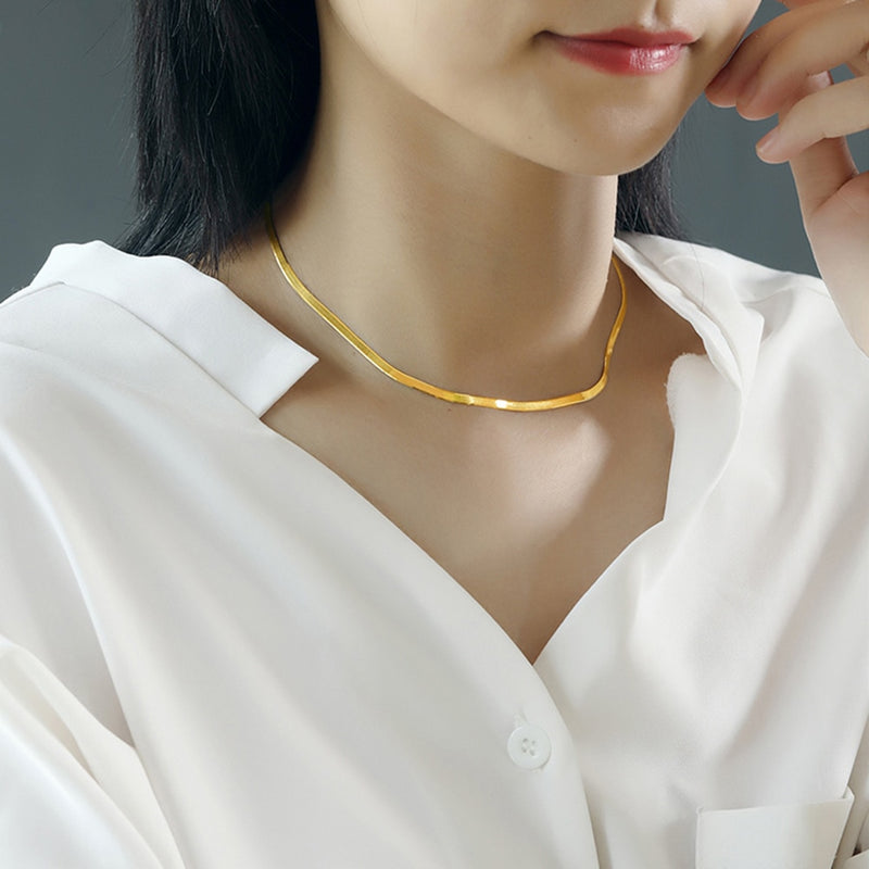 Rinntin Real 18K Solid Gold 2.8mm Flat Herringbone Snake Chain Necklace for Women Luxury AU750 Pure Gold Necklace Jewelry EC09