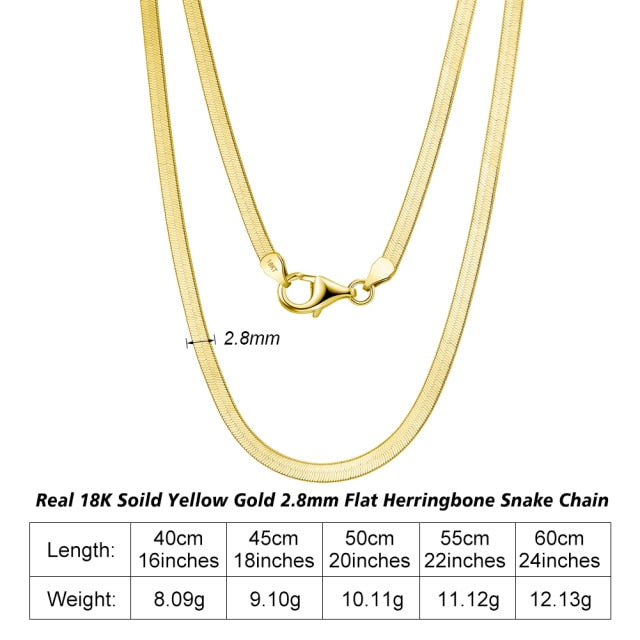 Rinntin Real 18K Solid Gold 2.8mm Flat Herringbone Snake Chain Necklace for Women Luxury AU750 Pure Gold Necklace Jewelry EC09