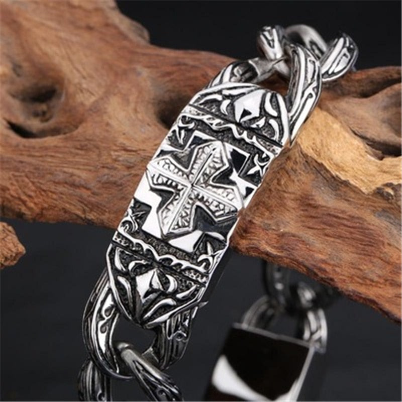 Pulseira masculina de aço inoxidável, tendência de personalidade estilo cruz punk 21,5 cm