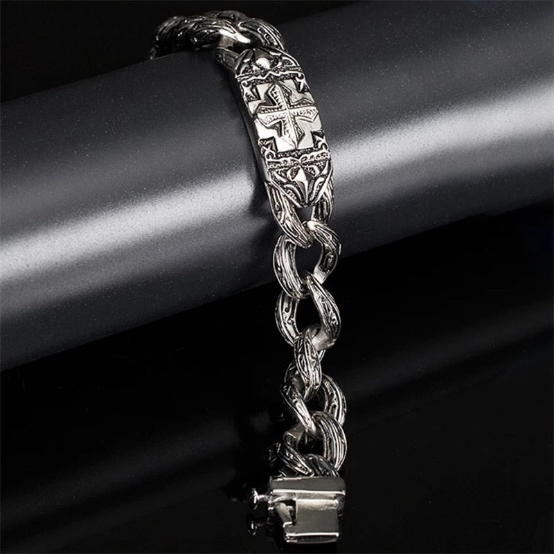 Pulseira masculina de aço inoxidável, tendência de personalidade estilo cruz punk 21,5 cm