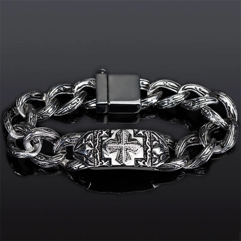 Pulseira masculina de aço inoxidável, tendência de personalidade estilo cruz punk 21,5 cm