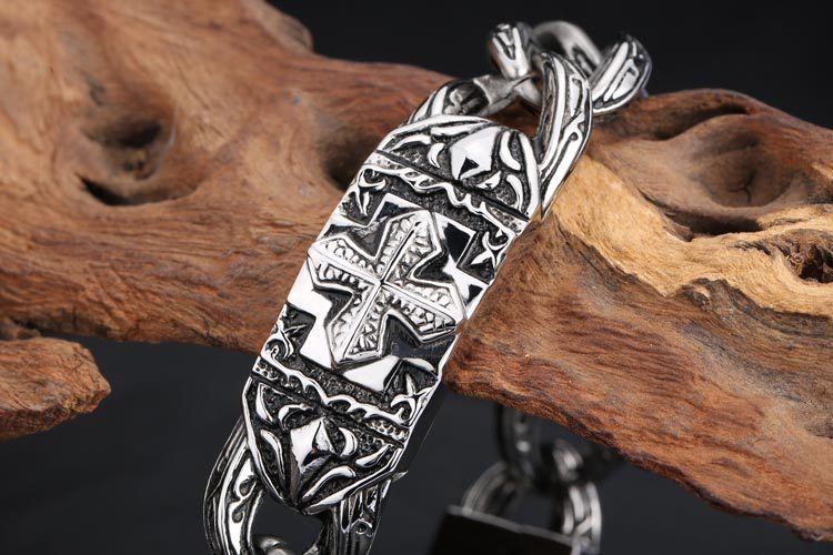 Pulseira masculina de aço inoxidável, tendência de personalidade estilo cruz punk 21,5 cm