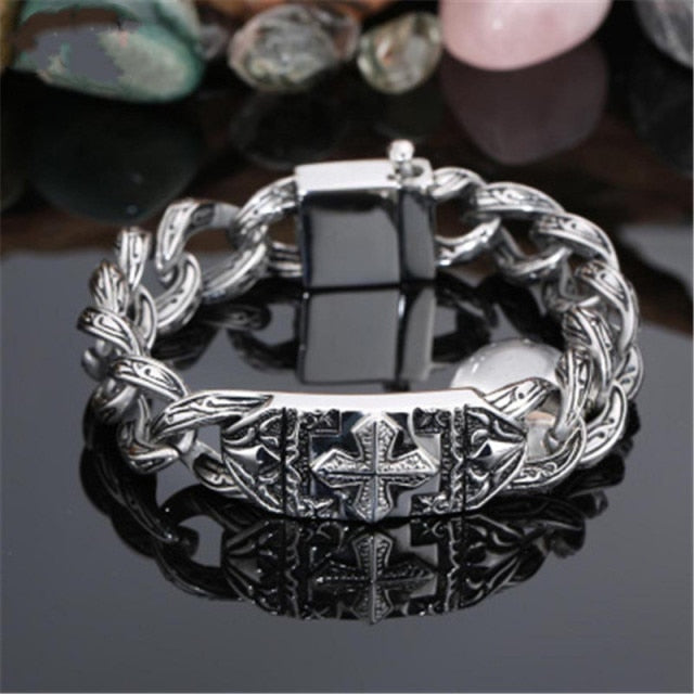 Pulseira masculina de aço inoxidável, tendência de personalidade estilo cruz punk 21,5 cm