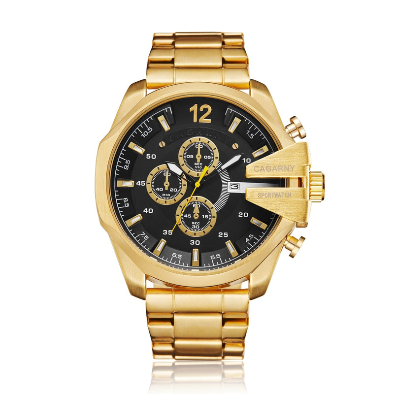 Relógio de quartzo de aço inoxidável dourado masculino Cagarny