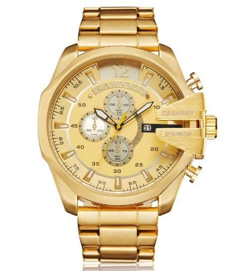 Relógio de quartzo de aço inoxidável dourado masculino Cagarny
