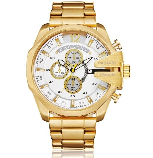 Relógio de quartzo de aço inoxidável dourado masculino Cagarny