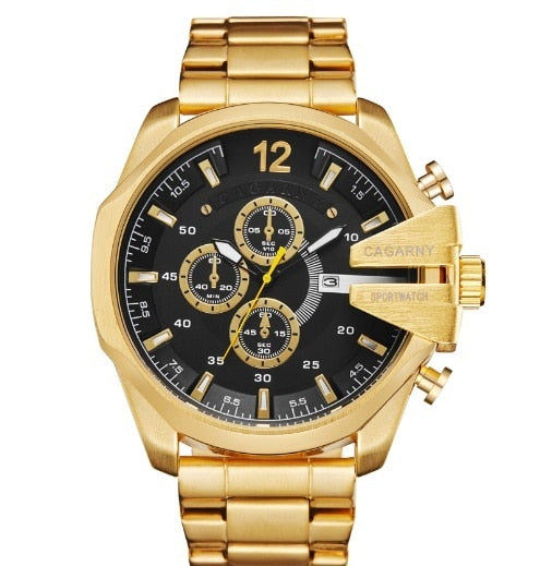 Relógio de quartzo de aço inoxidável dourado masculino Cagarny